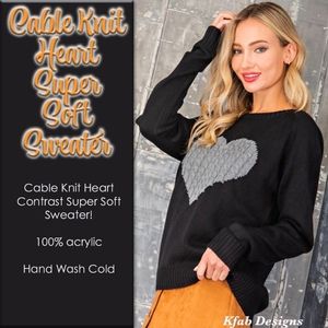 Cable Knit Heart Super Soft Black Sweater
